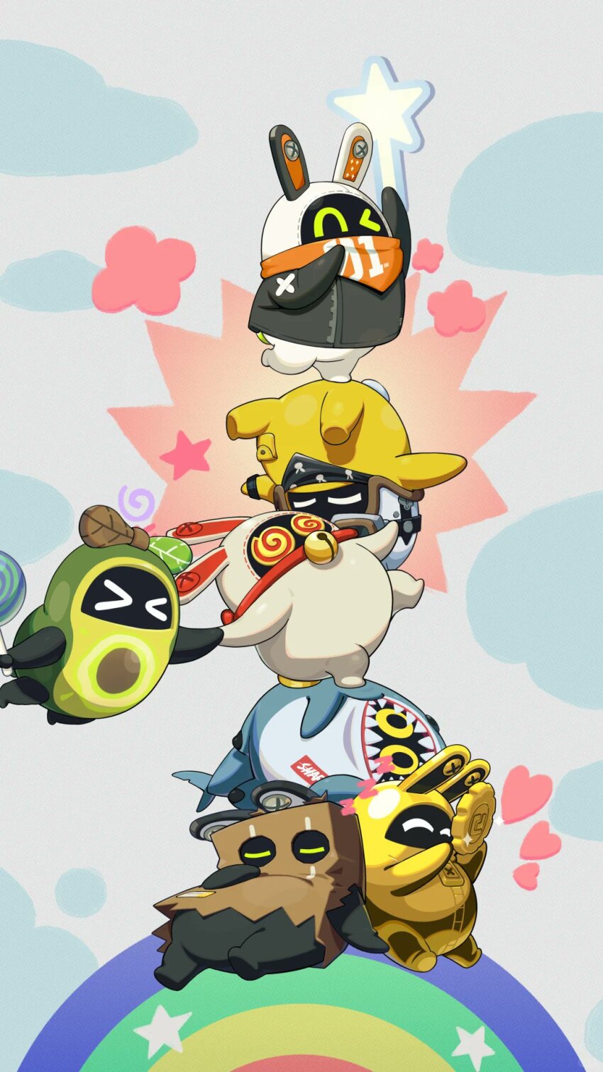! &gt;_&lt; &gt;_o 6+others @_@ artist_request avocaboo_(zenless_zone_zero) bag bagboo_(zenless_zone_zero) bandana bandana_around_neck bangboo_(zenless_zone_zero) candy chinese_text commentary english_commentary eous_(zenless_zone_zero) food golden_bangboo highres holding holding_candy holding_food holding_lollipop lollipop luckyboo_(zenless_zone_zero) multiple_others no_humans official_art one_eye_closed orange_bandana paper_bag rocketboo_(zenless_zone_zero) sharkboo_(zenless_zone_zero) third-party_source zenless_zone_zero
