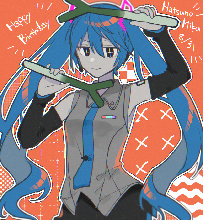 1girl absurdly_long_hair anniversary aqua_eyes aqua_hair aqua_neckwear artist_name artist_request bare_shoulders black_skirt blue_eyes blue_hair blue_neckwear breasts collared_shirt female_focus food grey_shirt hatsune_miku highres holding holding_food holding_spring_onion holding_vegetable ievan_polkka_(vocaloid) long_hair number_tattoo orange_background parted_lips sakuya_(oixiv38131184) shirt shoulder_tattoo skirt small_breasts smile solo spring_onion tattoo twintails vegetable very_long_hair vocaloid