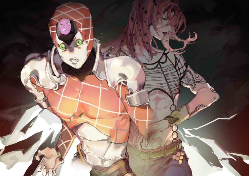 2boys arm_tattoo belt blue_pants chinese_commentary clenched_teeth commentary_request crop_top diavolo green_belt green_eyes jojo_no_kimyou_na_bouken king_crimson_(stand) long_hair long_sleeves male_focus multiple_boys pants pink_hair red_lips short_sleeves stand_(jojo) tattoo teeth toned toned_male zxzy520