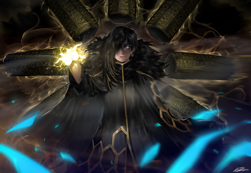 1girl absurdres alternate_eye_color binah_(project_moon) black_cape black_dress black_hair blue_eyes cape closed_mouth colored_inner_hair dress glowing glowing_hand hand_up highres library_of_ruina lips long_hair looking_at_viewer lubban magic multicolored_hair pillar project_moon smoke