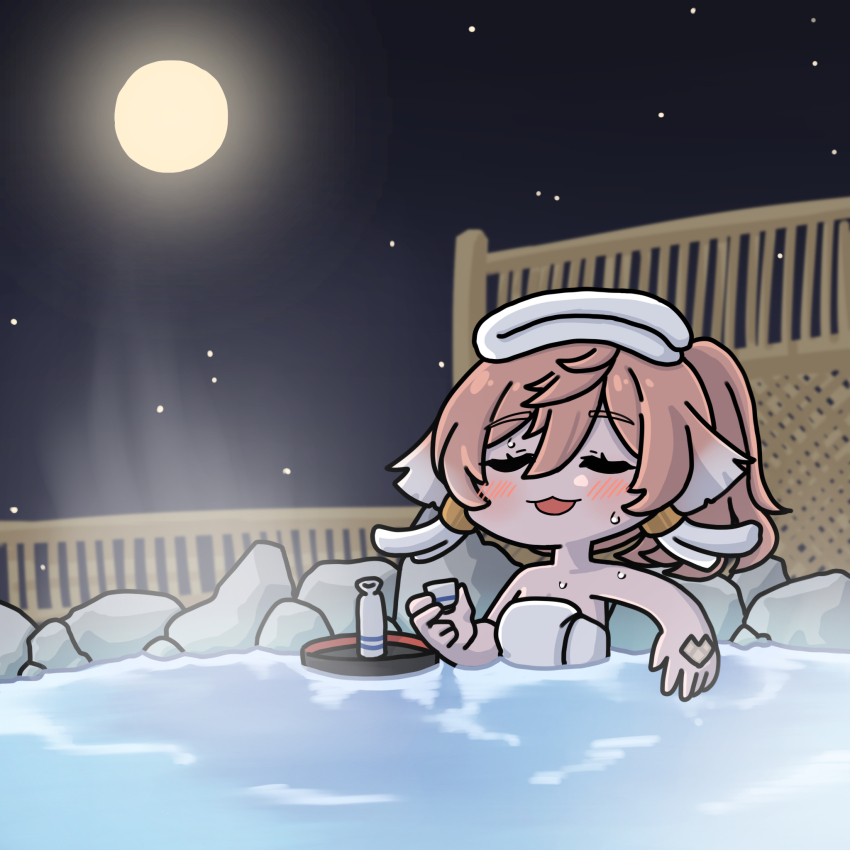 1girl bare_arms bare_shoulders blush brown_hair choko_(cup) closed_eyes cup full_moon genshin_impact hair_between_eyes highres holding holding_cup mokkyo_(motkyo) moon naked_towel night night_sky onsen open_mouth outdoors partially_submerged sky solo star_(sky) starry_sky tokkuri towel water wet yanfei_(genshin_impact)