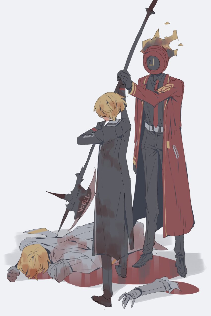 1other 2boys absurdres bad_id bad_twitter_id black_coat black_gloves black_pants black_shoes blonde_hair blood blood_on_clothes clock coat dante_(limbus_company) full_body gloves halberd highres holding holding_polearm holding_weapon inactive_account korean_commentary limbus_company lying male_focus maratang multiple_boys n_corp._fanatic_(identity)_(project_moon) necktie object_head on_stomach pants polearm pool_of_blood project_moon red_coat red_necktie severed_arm severed_limb shoes simple_background sinclair_(project_moon) weapon