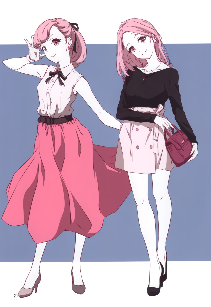 2girls absurdres bag black_footwear black_ribbon black_shirt blue_background border closed_mouth collarbone collared_shirt dress_shirt earrings full_body gloves grey_footwear grey_skirt hair_ribbon handbag head_tilt high_heels highres holding holding_bag jewelry letterboxed lipstick long_hair long_skirt long_sleeves looking_at_viewer makeup miniskirt multiple_girls neck_ribbon nii_manabu original page_number pendant pink_eyes pink_hair pink_skirt pump pumps ribbon shirt skirt skirt_hold sleeveless sleeveless_shirt smile standing white_border white_gloves white_shirt wing_collar