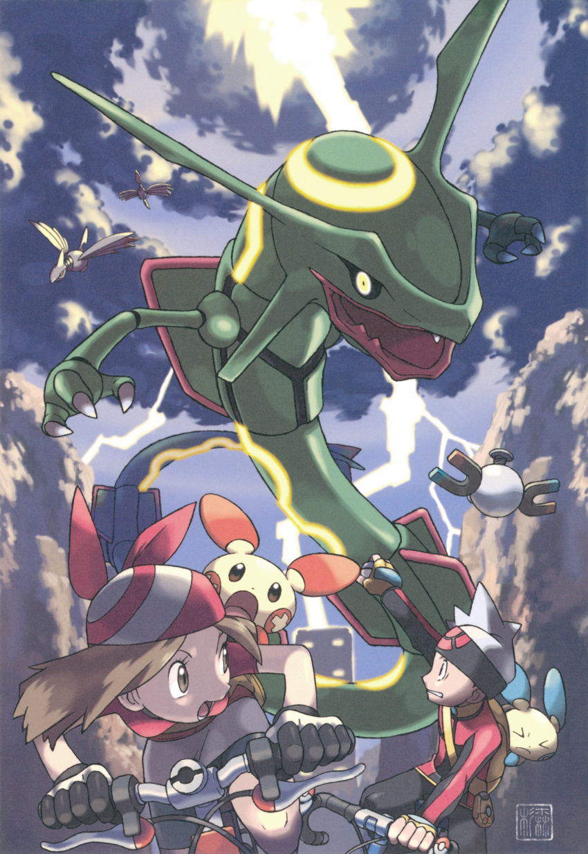 &gt;_&lt; 1boy 1girl :o absurdres bandana bicycle black_pants black_sclera brendan_(pokemon) brown_eyes brown_hair closed_eyes cloud cloudy_sky colored_sclera creatures_(company) dragon eastern_dragon electricity eyelashes fleeing flying game_freak gen_2_pokemon gen_3_pokemon gloves glowing glowing_eyes hat highres legendary_pokemon lightning may_(pokemon) minun nintendo official_art open_mouth outdoors pants plusle poke_ball_symbol pokemon pokemon_(creature) pokemon_rse pokenav rayquaza red_bandana red_shirt riding riding_bicycle shirt short_sleeves skarmory sky sugimori_ken third-party_source white_gloves white_hat yellow_eyes