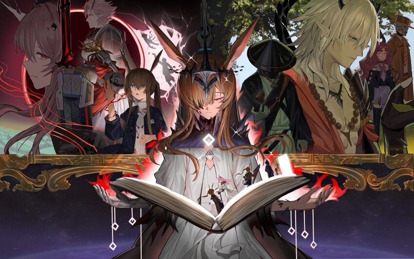 1other 2boys 3girls absurdres amiya_(arknights) amiya_(demon_king)_(arknights) amiya_(young)_(arknights) animal_ears arknights armor bead_necklace beads bell black_hat black_horns black_jacket blue_eyes book brown_hair brown_hat brown_jacket character_request chinese_commentary closed_eyes closed_mouth commentary_request covered_face doctor_(arknights) dress facing_viewer gold grey_hair hair_over_one_eye hat highres holding holding_sword holding_weapon horns jacket jewelry light_smile long_hair long_sleeves looking_ahead looking_at_viewer magic material_growth medium_hair multiple_boys multiple_girls necklace nymph_(arknights) one_eye_covered open_book open_mouth oripathy_lesion_(arknights) pauldrons pink_eyes pink_hair plant pointy_ears profile short_hair shoulder_armor sideways_glance sparkle sword the_horse. theresa_(arknights) theresis_(arknights) tin_man_(arknights) torn_clothes torn_sleeves tree weapon white_dress