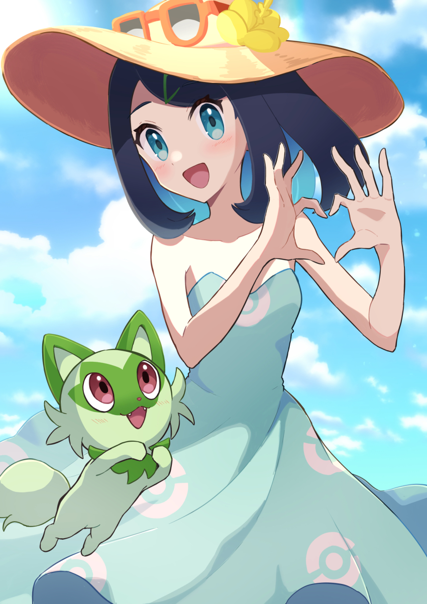 1girl bare_shoulders black_hair blue_dress blue_eyes blue_hair blue_sky breasts cloud colored_inner_hair cosplay dress eyewear_on_headwear feet_out_of_frame flower hair_ornament haru_(haruxxe) hat hat_flower heart heart_hands highres liko_(pokemon) looking_at_viewer medium_hair multicolored_hair nintendo open_mouth orange-framed_eyewear orange_headwear patterned_clothing pokemon pokemon_(anime) pokemon_(creature) pokemon_horizons pokemon_sm sightseer_(pokemon) sightseer_(pokemon)_(cosplay) sky sleeveless sleeveless_dress small_breasts sprigatito strapless strapless_dress sun_hat sunglasses two-tone_hair yellow_flower