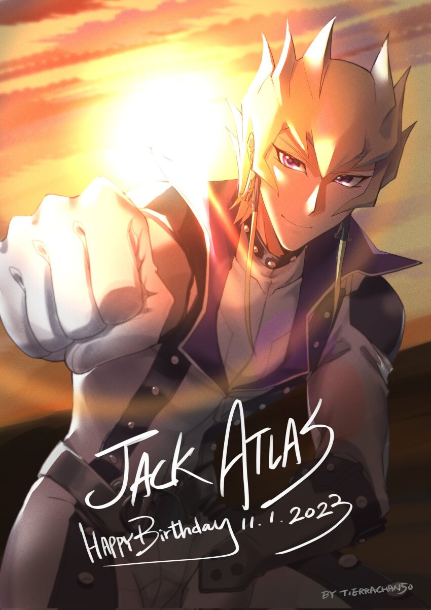 1boy blonde_hair bodysuit clenched_hand cowboy_shot highres jack_atlas looking_at_viewer male_focus smile solo sunset tierrachan50 white_bodysuit yu-gi-oh! yu-gi-oh!_5d&#039;s
