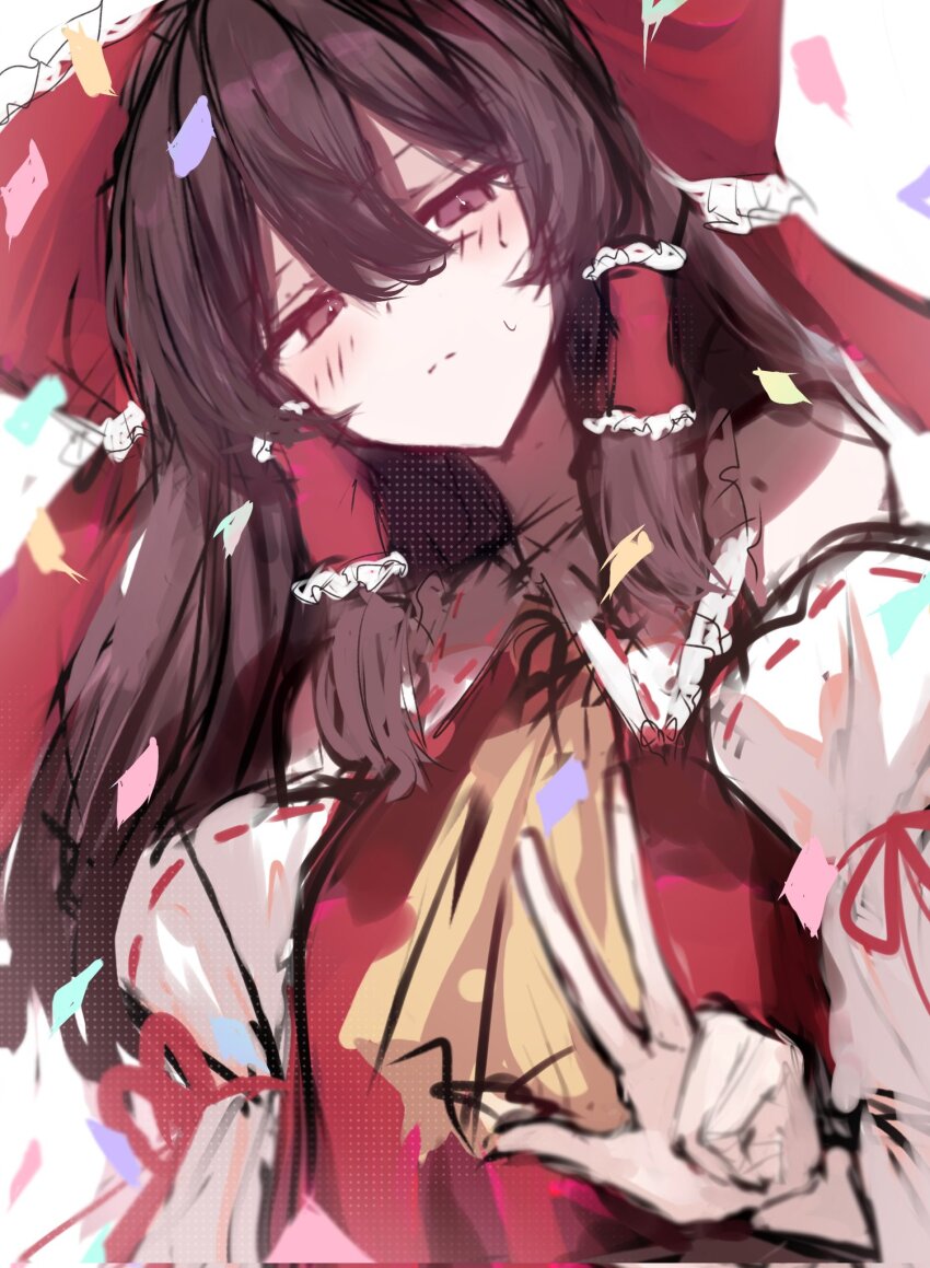 1girl blush bow brown_eyes brown_hair detached_sleeves hair_tubes hakurei_reimu highres long_hair red_bow red_shirt shirt t03p0iungjj1krn touhou v