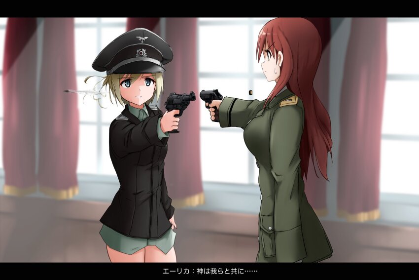 2girls aiming black_jacket blonde_hair blurry blurry_background breasts bullet curtains erica_hartmann green_jacket gun hat highres holding holding_gun holding_weapon indoors jacket large_breasts long_hair looking_at_another mexican_standoff military military_hat military_uniform minna-dietlinde_wilcke multiple_girls no_pants red_hair shell_casing short_hair strike_witches sweat translation_request weapon window world_witches_series yohijikon