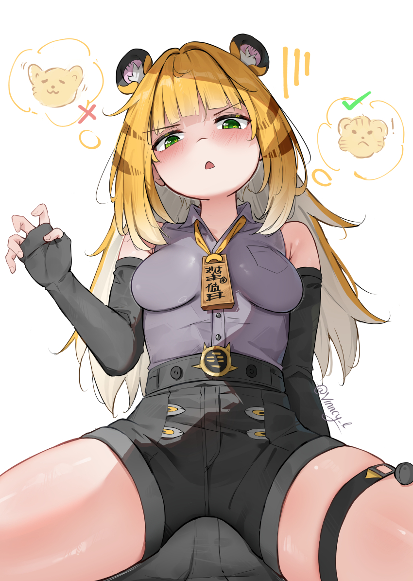1boy 1girl absurdres animal_ear_fluff animal_ears black_gloves black_shorts blonde_hair blush breasts bulge claw_pose colored_inner_hair commentary elbow_gloves erection erection_under_clothes fingerless_gloves girl_on_top gloves green_eyes grey_shirt hand_up high-waist_shorts highres ju_fufu loli long_hair looking_at_viewer medium_breasts multicolored_hair open_mouth shirt short_shorts shorts simple_background solo_focus speech_bubble straddling thigh_strap thighs thought_bubble tiger_ears tiger_girl very_long_hair vincent_leo white_background white_hair zenless_zone_zero