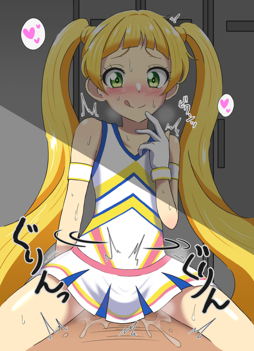 1boy 1girl :q aikatsu! aikatsu!_(series) aikatsu_friends! armband blonde_hair blunt_bangs blush cheerleader collarbone cowgirl_position gloves green_eyes heart highres hinata_ema_(aikatsu_friends!) implied_sex long_hair looking_at_viewer miniskirt ptrt pussy_juice shirt skirt sleeveless sleeveless_shirt solo_focus straddling sweatdrop tongue tongue_out twintails very_long_hair white_gloves white_shirt white_skirt