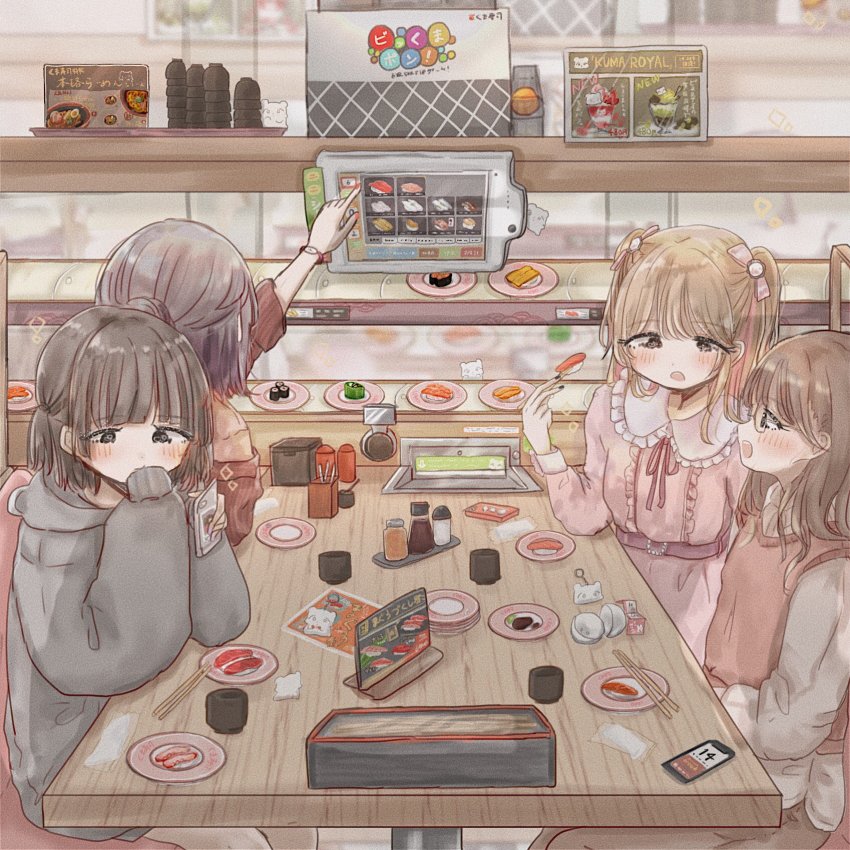 4girls advertising black_eyes black_nails blunt_bangs blush bracelet brown_hair brown_pants chopsticks collared_dress collared_shirt conveyor_belt conveyor_belt_sushi cup dress english_text food from_behind from_side glasses grey_hoodie hair_between_eyes hair_bun hair_ribbon highres hood hoodie indoors japanese_text jewelry charm_(object) keyring long_sleeves medium_hair multicolored_hair multiple_girls nail_polish napkin neck_ribbon open_mouth original oversized_clothes pants parfait phone fake_phone_screenshot pink_dress pink_ribbon pink_vest plate red_shirt restaurant ribbon shinanashina shirt short_hair short_twintails single_hair_bun sitting streaked_hair sushi table teacup twintails v-neck vest white_shirt yunomi