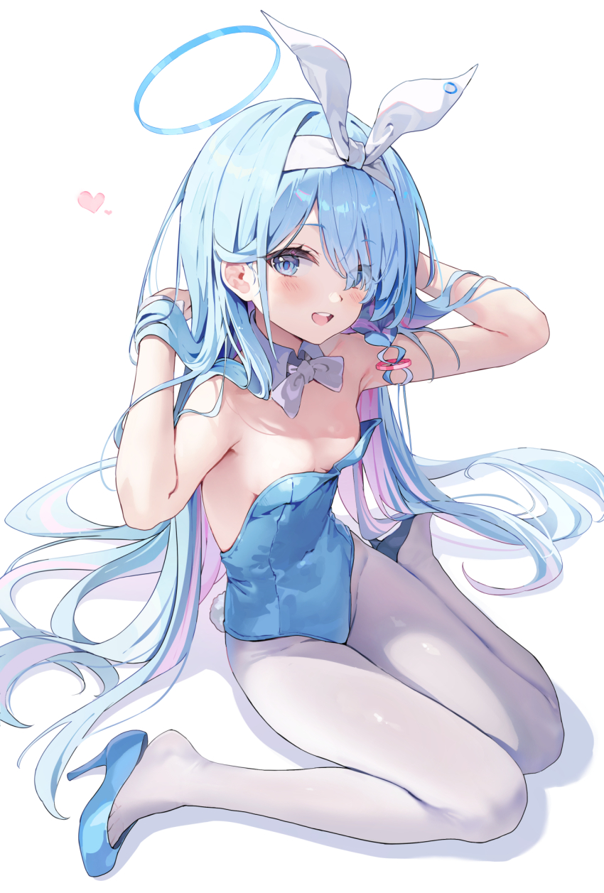 1girl alternate_costume armpits arona_(blue_archive) bare_shoulders blue_archive blue_eyes blue_footwear blue_hair blue_halo blue_leotard blush bow bowtie breasts collar commentary detached_collar hair_over_one_eye halo hand_in_own_hair hands_up high_heels highres huwari_(dnwls3010) leotard long_hair looking_at_viewer open_mouth pantyhose sitting small_breasts solo strapless strapless_leotard teeth upper_teeth_only very_long_hair wariza white_bow white_bowtie white_collar white_pantyhose