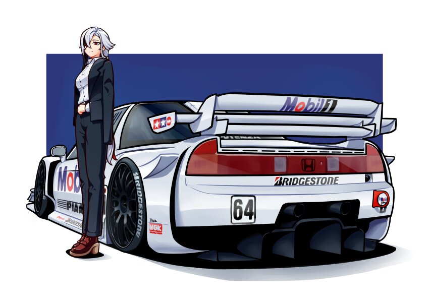 1girl absurdres arlecchino_(genshin_impact) black_hair black_jacket black_pants blue_background boots border breasts bridgestone brown_footwear car collared_shirt commentary duz english_commentary genshin_impact grey_hair hair_over_one_eye high_heel_boots high_heels highres honda honda_nsx jacket jacket_on_shoulders logo looking_at_viewer medium_breasts mobil1 motor_vehicle multicolored_hair one_eye_covered pants piaa race_vehicle racecar red_eyes shirt short_hair smile spoiler_(automobile) sponsor streaked_hair super_gt tamiya_incorporated vehicle_focus white_border white_car white_shirt