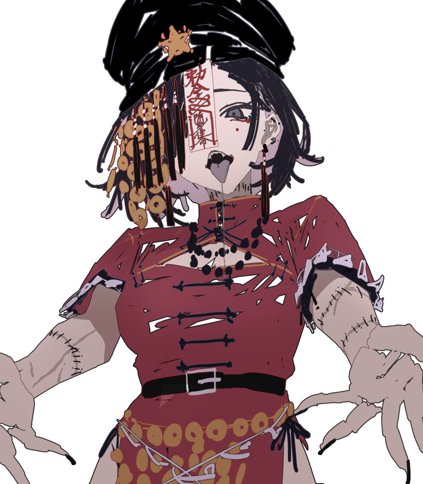 1girl absurdres alternate_costume belt black_belt black_hair black_hat black_nails breasts china_dress chinese_clothes cleavage_cutout clothing_cutout coin coin_hat_ornament coin_on_string commentary_request dress earrings fingernails grey_background grey_eyes grey_tongue hair_over_one_eye hat hat_ornament hat_tassel highres holed_coin jewelry jiangshi lace-trimmed_sleeves lace_trim looking_at_viewer medium_breasts miyako_yoshika mole mole_under_eye ofuda open_mouth patchwork_skin peaked_cap red_dress red_pupils sharp_teeth short_sleeves simple_background solo star_(symbol) star_hat_ornament stitches tassel tassel_earrings teeth tongue tongue_out touhou upper_body vxdrq