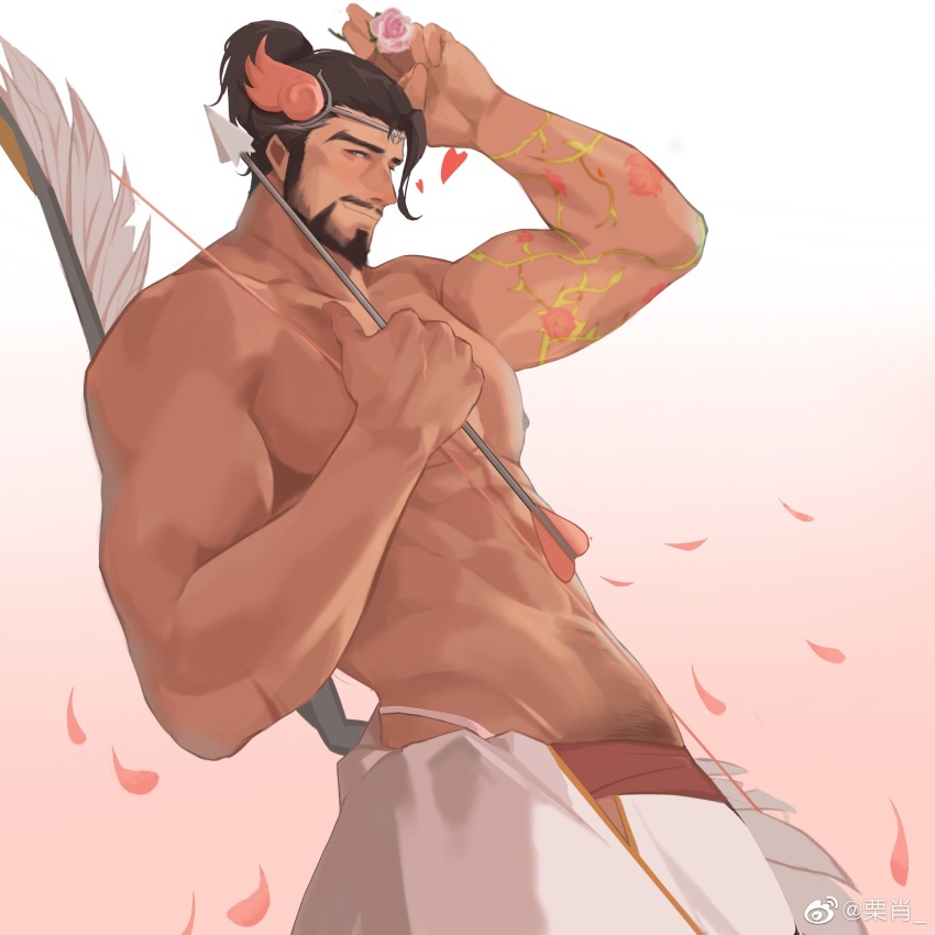 1boy abs arrow_(projectile) asian bara beard blush bow_(weapon) brown_hair cupid_hanzo facial_hair flower flower_tattoo hanzo_(overwatch) highres holding holding_flower large_pectorals lixiao6342 loincloth looking_at_viewer male_focus mature_male muscular muscular_male nipples official_alternate_costume overwatch pectorals petals pink_flower pubic_hair pubic_hair_peek short_hair smile solo tattoo tiara valentine weapon