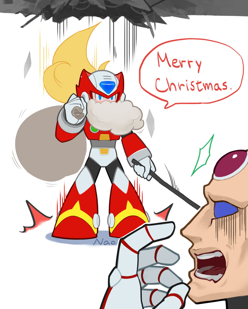 2boys absurdres armor artist_name bag blonde_hair ceiling chest_jewel forehead_jewel full_body helmet highres holding holding_bag male_focus mega_man_(series) mega_man_x_(series) merry_christmas multiple_boys nao_(gatita) red_armor red_helmet sigma_(mega_man) speech_bubble surprised white_beard zero_(mega_man)