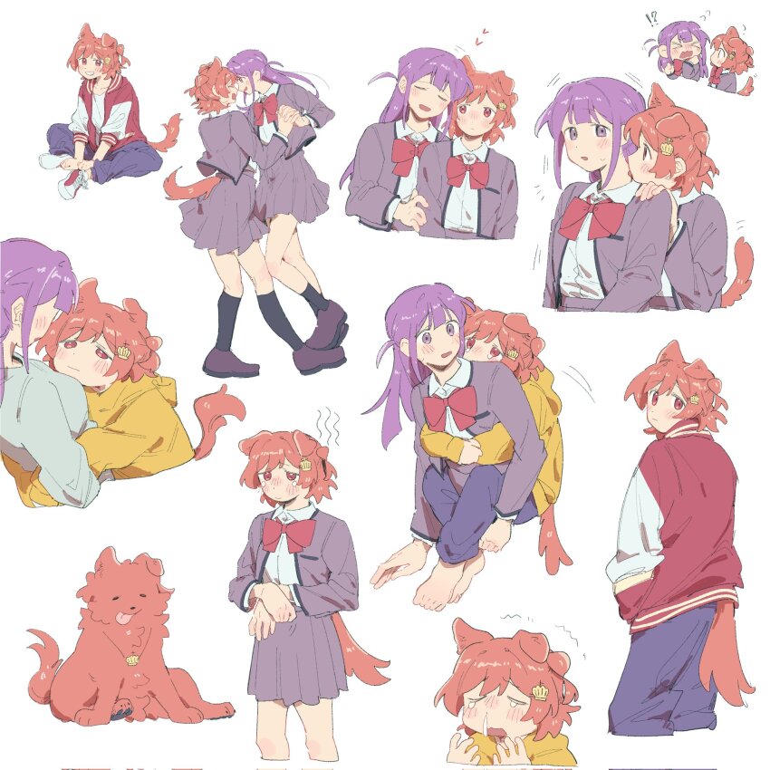 !? &gt;_&lt; 2girls :d :o ^^^ ^_^ aijou_karen animal_ears animalization ankle_socks arm_support barefoot between_legs black_socks blue_pants blunt_bangs blush bow bowtie breast_pocket brown_hair butterfly_sitting center-flap_bangs chinese_commentary closed_eyes closed_mouth collared_shirt commentary_request cropped_torso cross-laced_shoes crossed_legs crown_hair_ornament crying crying_with_eyes_open dancing dog dog_ears dog_girl dog_tail face-to-face front-to-back green_shirt grey_jacket grey_skirt grin hand_between_legs hand_in_pocket hand_on_own_wrist hands_up heads_together heart highres holding_hands hood hood_down hoodie hug hug_from_behind jacket kemonomimi_mode kneehighs leaning_on_person licking licking_another&#039;s_neck loafers long_hair looking_at_another looking_at_viewer looking_back miniskirt motion_lines multicolored_jacket multiple_girls multiple_views no_eyes nose_blush notice_lines open_clothes open_jacket open_mouth pants pleated_skirt pocket purple_eyes purple_hair purple_shoes red_bow red_bowtie red_eyes red_jacket rei931218 school_uniform seishou_music_academy_uniform shirt shirt_tucked_in shoes short_hair shoujo_kageki_revue_starlight side-by-side simple_background sitting skirt smile sneakers snot socks swept_bangs tail tears tongue tongue_out tsuyuzaki_mahiru two-tone_jacket two_side_up v_arms wavy_mouth white_background white_shirt white_sleeves yellow_hoodie yuri