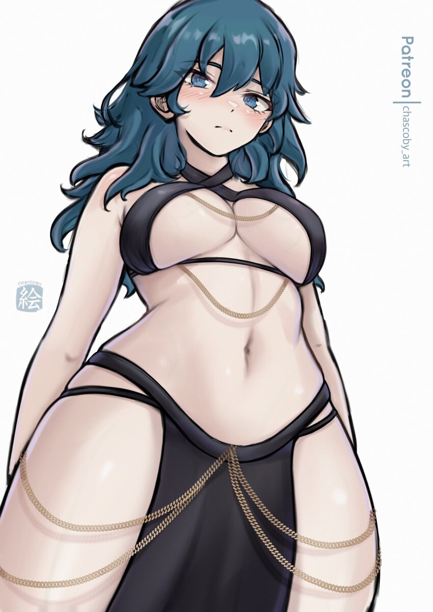 1girl absurdres bare_arms bare_shoulders blue_eyes blue_hair breasts female_byleth_(fire_emblem) chascoby commentary cowboy_shot criss-cross_halter fire_emblem fire_emblem:_three_houses halterneck highres long_hair medium_breasts navel nintendo pelvic_curtain simple_background solo standing stomach white_background yomorio_lingerie