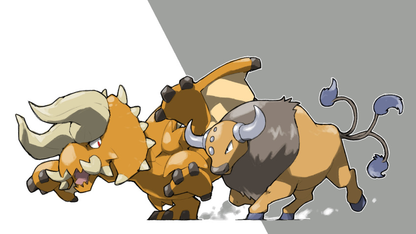 blacknirrow closed_mouth creatures_(company) crossover diablos game_freak gen_1_pokemon grey_background grey_horns highres horns monster monster_hunter_(series) multiple_tails nintendo no_humans open_mouth outline pokemon pokemon_(creature) red_eyes simple_background tail tauros tusks two-tone_background v-shaped_eyes white_background white_outline