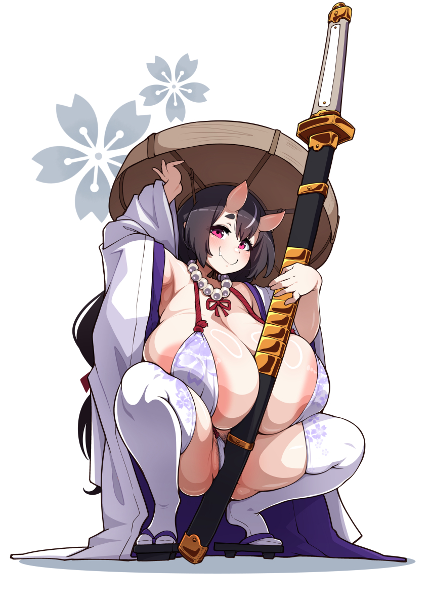 1girl absurdres areola_slip bare_shoulders black_hair blush breasts closed_mouth curvy demon_girl demon_horns fang fat_mons full_body hat highres horns huge_areolae huge_breasts japanese_clothes jewelry konoshige_(ryuun) long_hair necklace oni oni_girl oni_girl_(konoshige) original pubic_hair pubic_hair_peek purple_eyes sandles scabbard sheath shiny_skin sidelocks smile solo spread_legs squatting sword sword_between_breasts thick_eyebrows thick_thighs thighhighs thighs very_long_hair weapon white_background wide_hips wide_sleeves