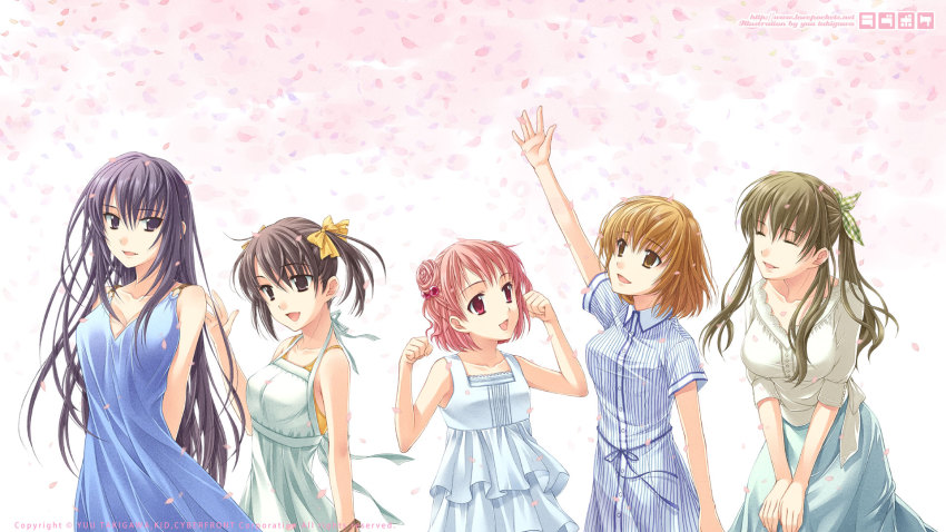 5girls akanegasaki_sora casual ever_17 highres komachi_tsugumi matsunaga_sara mother_and_daughter multiple_girls petals takigawa_yuu tanaka_yubiseiakikana tanaka_yubiseiharukana yagami_coco