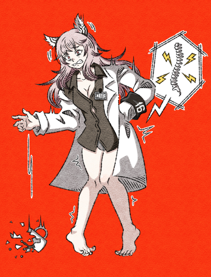 1girl animal_ears back_pain bags_under_eyes bare_legs barefoot breasts broken_cup cleavage clenched_teeth coat coffee coffee_mug collared_shirt commentary constricted_pupils cup dropping english_commentary facing_viewer full_body girls&#039;_frontline girls&#039;_frontline_2:_exilium hand_on_own_back hand_up highres id_card knees_together_feet_apart lab_coat long_hair medium_breasts messy_hair mug no_pants pain panties panty_peek partially_unbuttoned persica_(girls&#039;_frontline) pink_eyes pink_hair senorseki shirt small_breasts solo speech_bubble spilling teeth tiptoes underwear very_long_hair white_coat