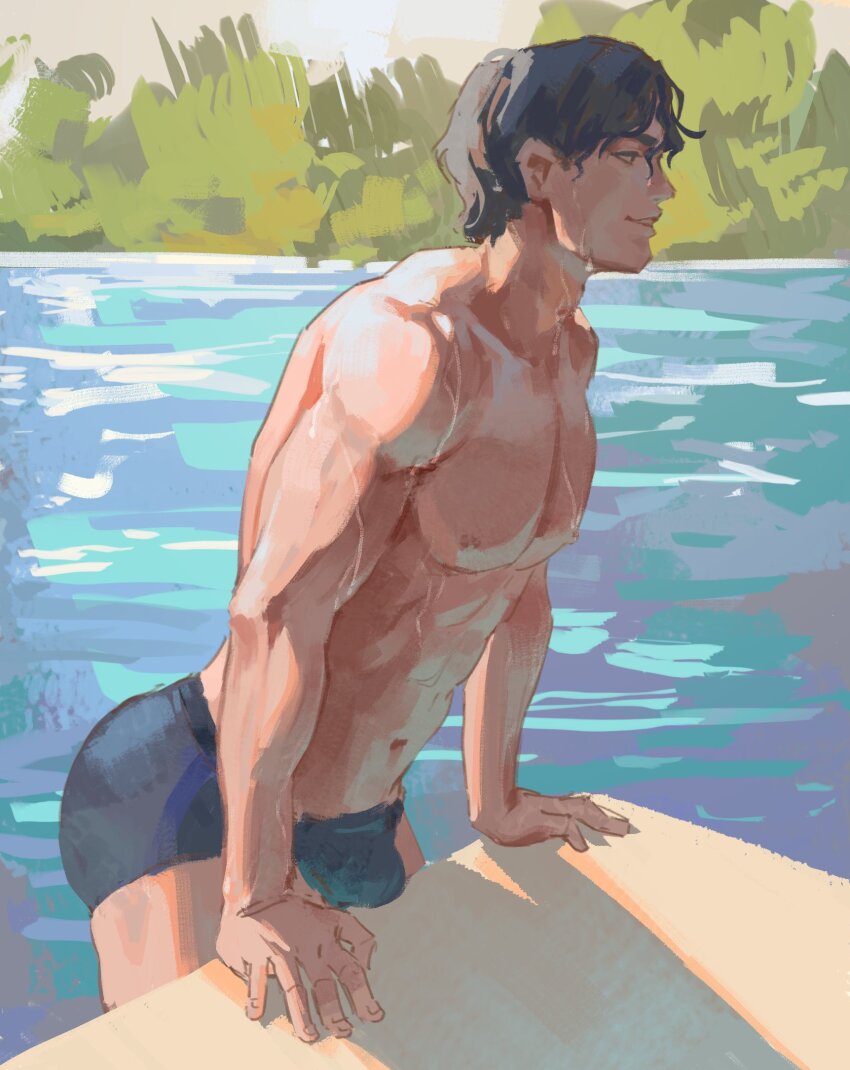 1boy abs adam&#039;s_apple ass batman_(series) black_hair black_male_swimwear bulge chapter_34 collarbone dc_comics dick_grayson fingernails highres male_focus male_swimwear navel nipples outdoors parted_lips pectorals profile shadow smile solo topless_male water wet wet_hair