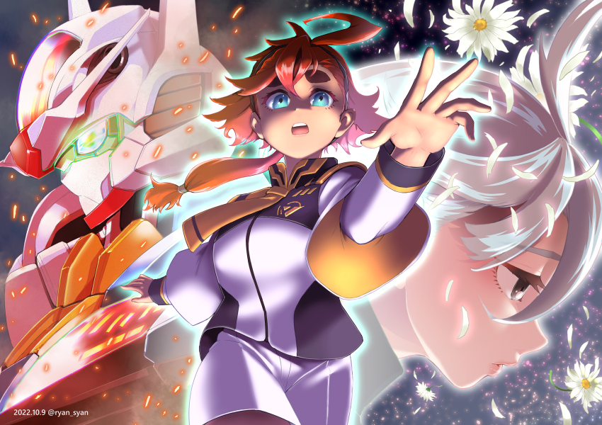 2girls ahoge asticassia_school_uniform black_hairband blue_eyes commentary dated flower gachirin glowing glowing_eyes green_eyes grey_eyes gundam gundam_aerial gundam_suisei_no_majo hairband highres long_hair low-tied_long_hair low_ponytail mecha miorine_rembran mobile_suit multiple_girls ponytail red_hair robot school_uniform suletta_mercury thick_eyebrows twitter_username upper_body v-fin white_hair