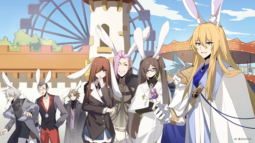 2girls 5boys absurdres akuta_hinako animal_ears artist_name beryl_gut black-framed_eyewear black_eyes black_gloves black_hair black_jacket black_sleeves black_sweater blonde_hair blue_eyes brown_hair buttons candy cape capelet carousel chinese_zodiac closed_eyes cloud commentary_request crossed_arms darkcatowo day daybit_sem_void eyepatch fate/grand_order fate_(series) ferris_wheel food fur-trimmed_jacket fur_trim glasses gloves grey_hair grey_jacket grin hair_between_eyes hair_over_one_eye hands_on_another&#039;s_shoulders highres holding holding_another&#039;s_tail holding_candy holding_food holding_lollipop jacket kadoc_zemlupus kemonomimi_mode kirschtaria_wodime lips lollipop long_hair long_sleeves looking_at_viewer multiple_boys multiple_girls necktie one_eye_covered open_clothes open_jacket ophelia_phamrsolone orange_hair outdoors pants pink_hair pink_lips pointy_ears purple_eyes rabbit_ears rabbit_tail red_pants scandinavia_peperoncino short_hair sky smile straight_hair sweatdrop sweater swept_bangs tail twintails very_long_hair white_cape white_capelet white_gloves white_jacket white_pants year_of_the_rabbit yu_mei-ren_(fate)