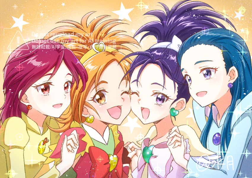 4girls black_gloves blue_dress blue_eyes blue_hair blush bow brooch brown_eyes cure_bloom cure_egret dress earrings fingerless_gloves futari_wa_precure_splash_star gloves hair_bow hairband heart heart_brooch heart_earrings high_ponytail holding_hands hyuuga_saki jewelry kiryuu_kaoru kiryuu_michiru long_hair long_sleeves magical_girl medium_hair mishou_mai mizuki_shizuku multiple_girls neck_ribbon one_eye_closed open_mouth orange_hair pink_dress pink_hair pink_ribbon ponytail precure purple_eyes purple_hair red_eyes red_ribbon ribbon signature smile two-tone_dress white_bow yellow_dress yellow_hairband