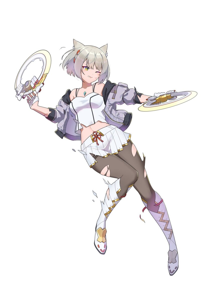 1girl animal_ear_fluff animal_ears boots braid breasts camisole cat_ears cat_girl chakram chest_jewel chinese_knot commentary dual_wielding full_body grey_hair grey_jacket hehe_jun highres holding jacket midriff mio_(xenoblade) navel off_shoulder one_eye_closed open_clothes open_jacket pantyhose pleated_skirt short_hair simple_background skirt small_breasts solo torn_clothes torn_pantyhose weapon white_background white_boots white_camisole white_skirt wince xenoblade_chronicles_(series) xenoblade_chronicles_3 yellow_eyes