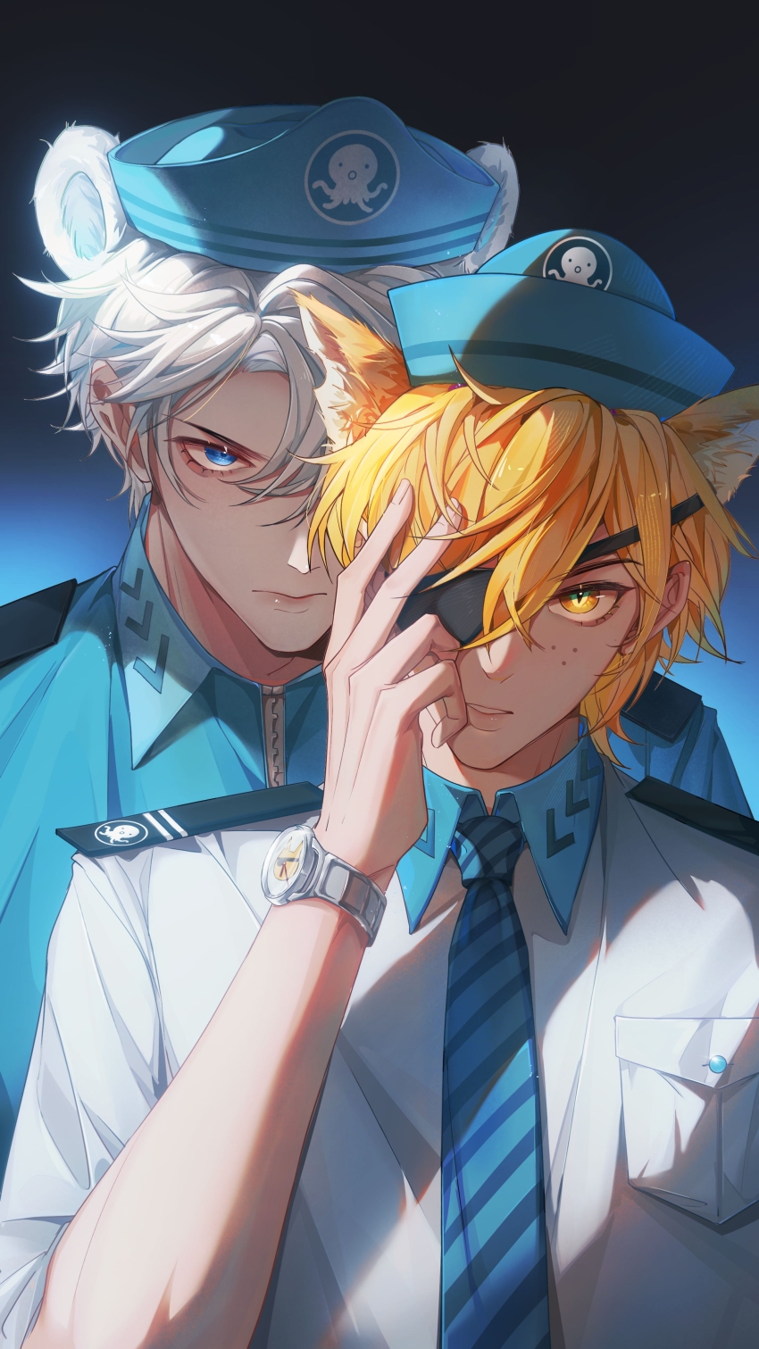 2boys absurdres animal_ear_fluff animal_ears animification bear_boy bear_ears bishounen blonde_hair blue_hat blue_necktie blue_shirt breast_pocket captain_barnacles cat_boy cat_ears chinese_commentary closed_mouth commentary_request eyepatch freckles hat highres kwazii_(the_octonauts) light_particles male_focus multiple_boys necktie notched_ear personification pocket sailor_hat sanpaku shenjudongmandabanban shirt short_hair short_sleeves striped_clothes the_octonauts vertical-striped_clothes vertical-striped_necktie watch white_hair white_shirt wristwatch zipper