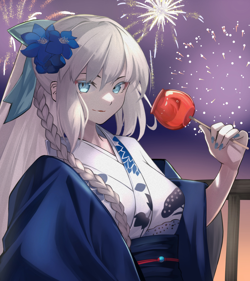 1girl absurdres black_kimono blue_bow blue_eyes bow braid candy_apple fate/grand_order fate_(series) floral_print flower food genshu_doki grey_hair grey_kimono hair_bow hair_flower hair_ornament highres japanese_clothes kimono layered_clothes layered_kimono long_hair long_sleeves looking_at_viewer morgan_le_fay_(fate) morgan_le_fay_(fgo_fes._2023)_(fate) obi ponytail sash sidelocks smile solo very_long_hair wide_sleeves