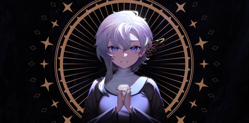 1girl absurdres black_nails blue_eyes hair_between_eyes hands_up highres liora_walkyria long_hair looking_at_viewer nail_polish own_hands_together parted_lips rim_(kyorin) solo upper_body v&amp;u_entertainment virtual_youtuber white_hair
