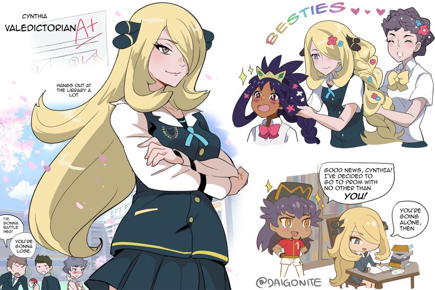 3boys 3girls aged_down blonde_hair bow bowtie braid buttons character_name chibi closed_mouth collared_shirt commentary_request cynthia_(pokemon) dark-skinned_female dark_skin desk diantha_(pokemon) english_text eyelashes falling_petals goro_orb grey_eyes hair_ornament hair_over_one_eye highres holding holding_poke_ball iris_(pokemon) leon_(pokemon) long_hair long_sleeves multiple_boys multiple_girls nintendo open_mouth petals pleated_skirt poke_ball poke_ball_(basic) pokemon pokemon_(anime) pokemon_journeys purple_hair school_uniform shirt skirt smile speech_bubble twitter_username watermark white_shirt yellow_bow yellow_bowtie