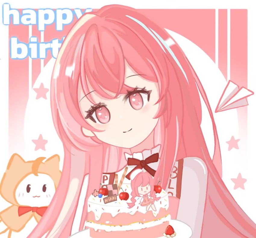 1girl :3 ahoge animal artist_request birthday_cake bloom_poetry_(shining_nikki) border bow bowtie brown_eyes cake cat chinese_commentary circle cloak closed_mouth clothed_animal clothes_writing collared_shirt commentary_request crossed_bangs dress ear_covers english_text eyelashes food frilled_shirt_collar frills gradient_background happy happy_birthday high_collar holding holding_cake holding_food holding_plate hood hood_up hooded_cloak light_blush long_hair long_sleeves looking_ahead momo_(nikki) nikki_(nikki) nikki_(series) outside_border paper_airplane pinafore_dress pink_background pink_eyes pink_hair plate red_bow red_bowtie second-party_source shining_nikki shirt sidelocks sleeveless sleeveless_dress smile solid_oval_eyes star_(symbol) star_symbol_background traditional_bowtie two-tone_background upper_body very_long_hair white_background white_border white_cat white_shirt yellow_cloak