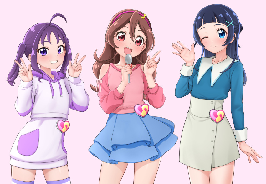 3girls ahoge aokaze_nana aqua_ribbon blue_eyes blue_hair blue_shirt blue_skirt blush brown_hair closed_mouth clothing_cutout commentary double_v fortissimo grey_skirt hair_bun hair_intakes hair_ornament hair_ribbon hairband highres hinosaki hood hoodie kimi_to_idol_precure long_hair long_sleeves medium_hair multiple_girls musical_note musical_note_hair_ornament one_eye_closed open_mouth paid_reward_available pink_hairband precure purple_eyes purple_hair purple_hoodie purple_skirt purple_thighhighs red_eyes red_shirt ribbon sakura_uta_(precure) shigure_kokoro shirt shoulder_cutout single_hair_bun skirt smile thighhighs twintails v