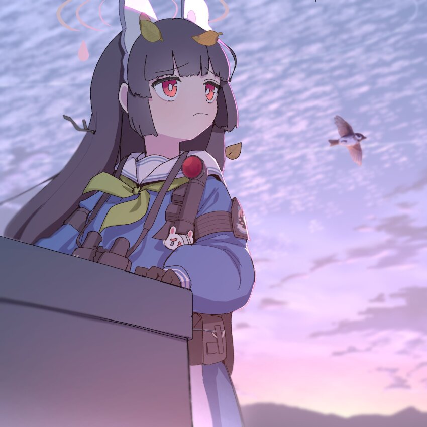 1girl animal_ears belt_bag bird black_gloves blue_archive blue_dress blue_serafuku blunt_bangs cloud cloudy_sky dress fake_animal_ears gloves green_neckerchief grey_hair grey_halo halo highres leaf leaf_on_head long_hair looking_to_the_side miyu_(blue_archive) moron_(miroir1120) neckerchief rabbit_ears rabbit_pin red_eyes sailor_collar school_uniform serafuku sky solo sunset white_sailor_collar