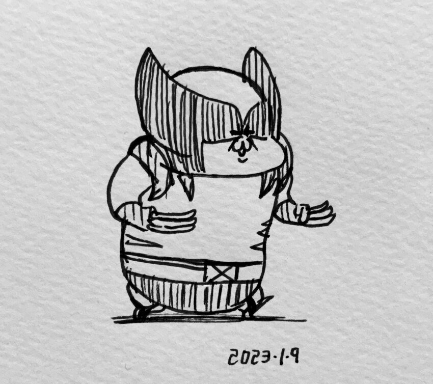 1boy 2023 :3 bodysuit chibi clenched_hands dated full_body gloves highres koutarosu marvel mask monochrome photo_(medium) simple_background standing superhero_costume traditional_media wolverine_(x-men) x-men