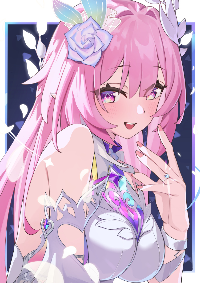 1girl absurdres band_(skymole01) bare_shoulders breasts commentary cyrene_(honkai:_star_rail) cyrene_(ripples_of_past_reverie)_(honkai:_star_rail) diamond-shaped_pupils diamond_(shape) fingernails flower hair_flower hair_ornament hand_up highres honkai:_star_rail honkai_(series) jewelry large_breasts long_hair looking_at_viewer nail_polish open_mouth pink_hair pink_nails pointy_ears purple_eyes purple_flower purple_rose revision ring rose sidelocks smile solo symbol-shaped_pupils upper_body