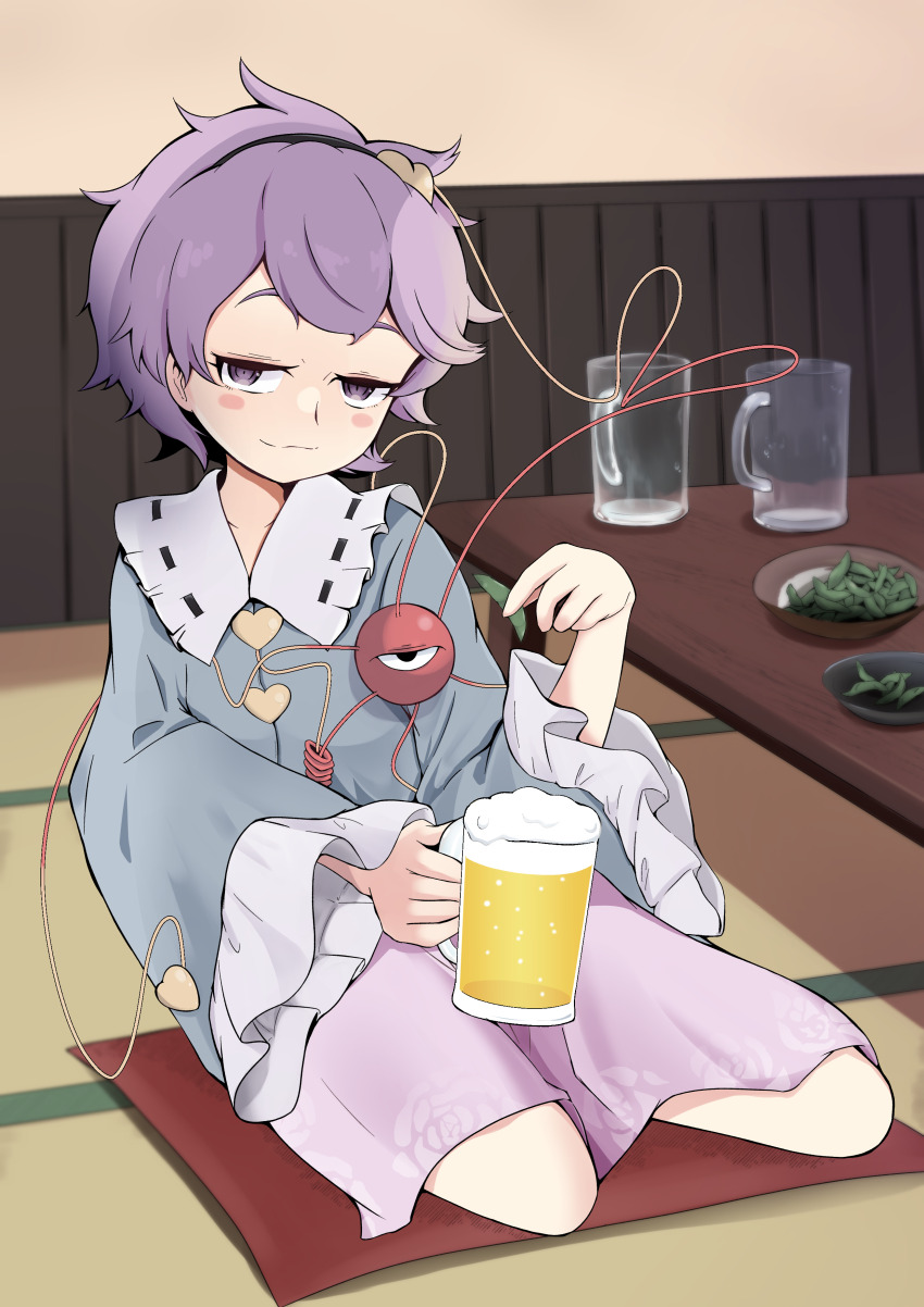 1girl absurdres alcohol architecture beer blue_shirt blush_stickers chabudai cushion doyagao drink east_asian_architecture facing_viewer flat_chest food frilled_shirt_collar frilled_sleeves frills full_body grin half-closed_eyes highres holding holding_drink jitome komeiji_satori looking_at_viewer pink_skirt purple_hair raised_eyebrows seiza shirt short_hair sitting skirt smile smug solo subterranean_animism sutasuku2010 table tatami touhou wide_sleeves zabuton