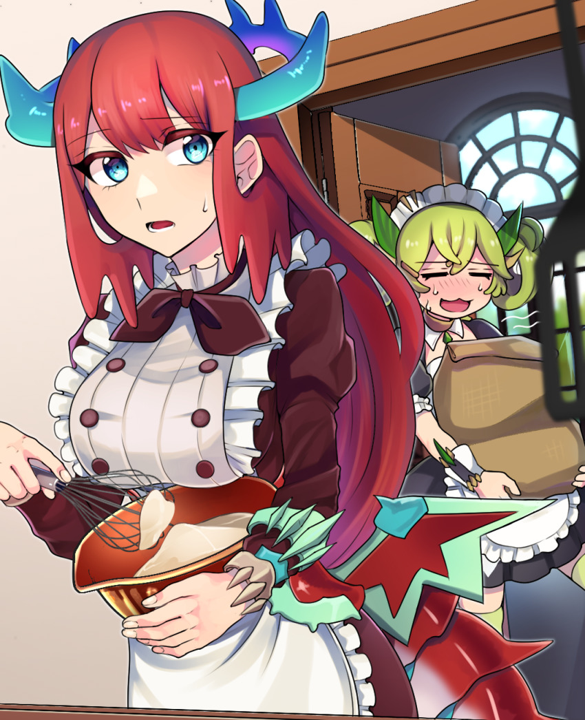 2girls :3 :d =_= apron batter black_dress blue_eyes blue_horns blush bowl breasts brown_choker buttons choker closed_eyes collar commentary_request detached_collar door dragon_girl dragon_horns dragon_tail dragon_wings dragonmaid_(yu-gi-oh!) dress duel_monster frilled_apron frilled_collar frilled_sleeves frills green_hair green_legwear hair_between_eyes hair_rings highres holding holding_bowl holding_sack holding_whisk horns indoors kitchen_dragonmaid lace-trimmed_apron lace_trim large_breasts long_hair long_sleeves looking_at_viewer lower_teeth_only maid maid_apron maid_headdress mixing mixing_bowl motion_lines multiple_girls nose_blush open_door open_mouth parlor_dragonmaid pinyata_(pinyaland) puffy_long_sleeves puffy_short_sleeves puffy_sleeves red_dress red_hair red_neckwear sack short_sleeves sidelocks smile spatula standing sweatdrop tail teeth thighhighs upper_body whisk window wings wrist_cuffs yellow_horns yu-gi-oh! zettai_ryouiki |d