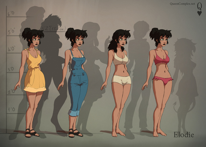 bikini black_eyes black_hair blue_overalls boyshort_panties bra breasts cleavage commentary different_shadow dress elodie_(estate_of_the_late) english_commentary estate_of_the_late height_mark highres medium_breasts medium_hair overalls panties pink_bikini ponytail queen_complex sandals short_dress swimsuit tail underwear white_bra white_panties yellow_dress
