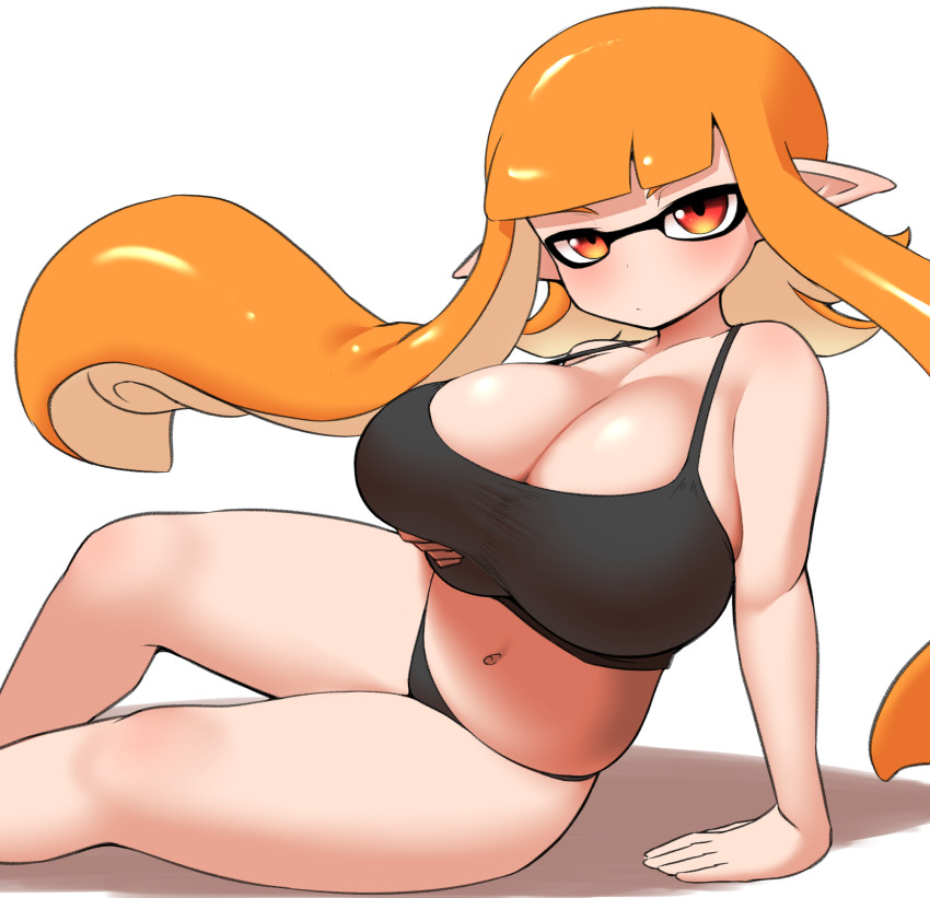 1girl black_bra black_panties blush bra breast_lift breasts cleavage feet_out_of_frame female_focus highres huge_breasts inkling inkling_girl inkling_player_character large_breasts long_hair looking_at_viewer navel nintendo orange_hair panties pero_(pero7762) pointy_ears red_eyes shadow shiny_skin simple_background sitting solo splatoon_(series) stomach tentacle_hair thighs underwear white_background