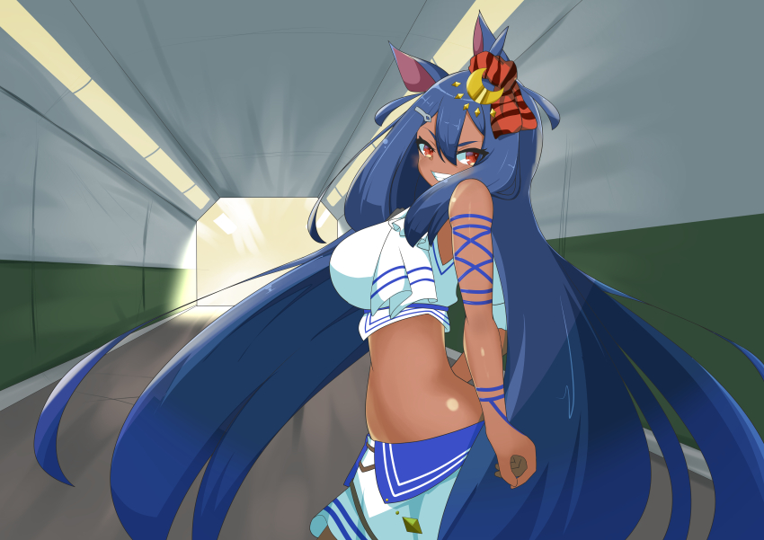 1girl absurdres animal_ears asahiruyou bandeau black_hair blue_bandeau breasts cleavage closed_mouth commentary_request cowboy_shot dark-skinned_female dark_skin ear_scrunchie grin hair_between_eyes hair_ornament hairclip highres hishi_amazon_(umamusume) horse_ears horse_girl horse_tail indoors large_breasts long_hair looking_at_viewer pleated_skirt red_eyes single_sleeve skirt smile solo standing tail two-tone_bandeau umamusume very_long_hair white_bandeau white_skirt