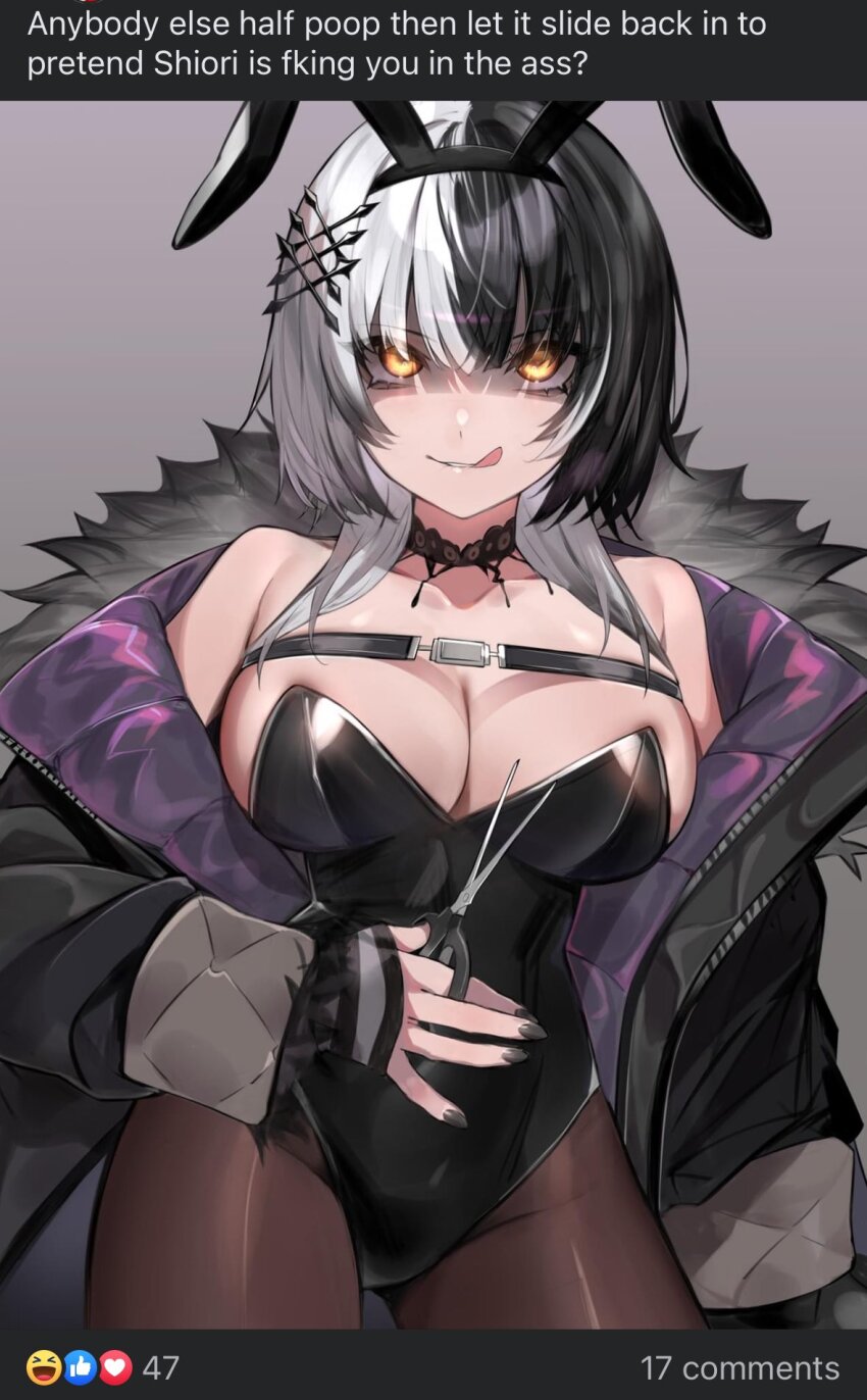 1girl :q animal_ears bare_shoulders black_hair black_jacket black_leotard black_nails brown_pantyhose commentary cowboy_shot english_commentary english_text fake_animal_ears grey_hair groin highres holding holding_scissors hololive hololive_english jacket kouhiipan leotard long_hair long_sleeves looking_at_viewer multicolored_hair nail_polish off_shoulder pantyhose playboy_bunny profanity rabbit_ears scissors shiori_novella smile solo split-color_hair standing strapless strapless_leotard third-party_edit tongue tongue_out virtual_youtuber what yellow_eyes