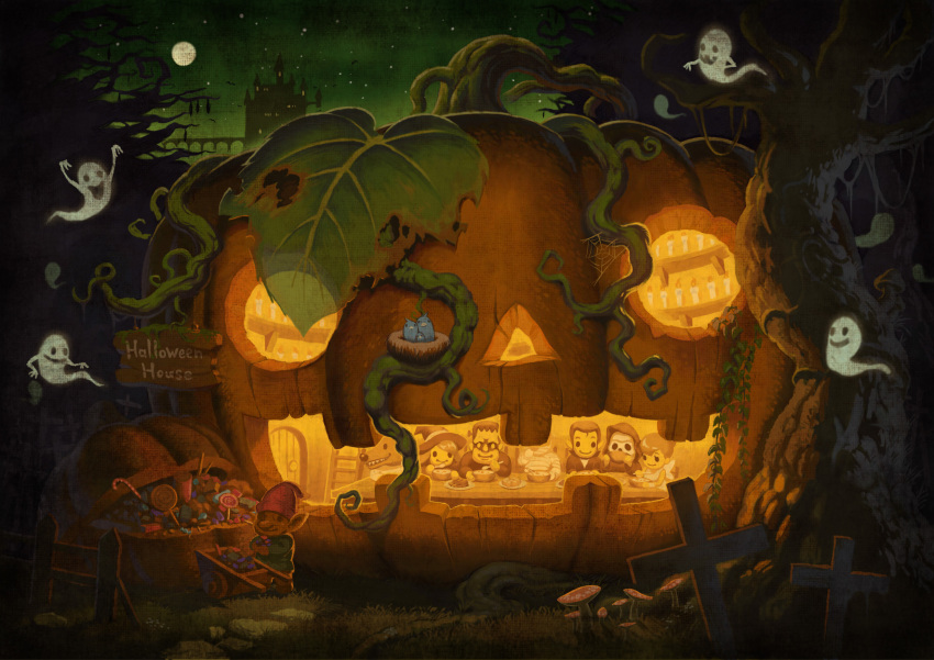 bad_id bad_pixiv_id bird bird_nest candle candy castle cross death_(entity) death_god dracula dwarf eating fairy food frankenstein&#039;s_monster full_moon ghost grave grim_reaper halloween highres house jack-o&#039;-lantern lollipop moon mummy mushroom night night_sky original pumpkin sky soup tottorimegane tree witch