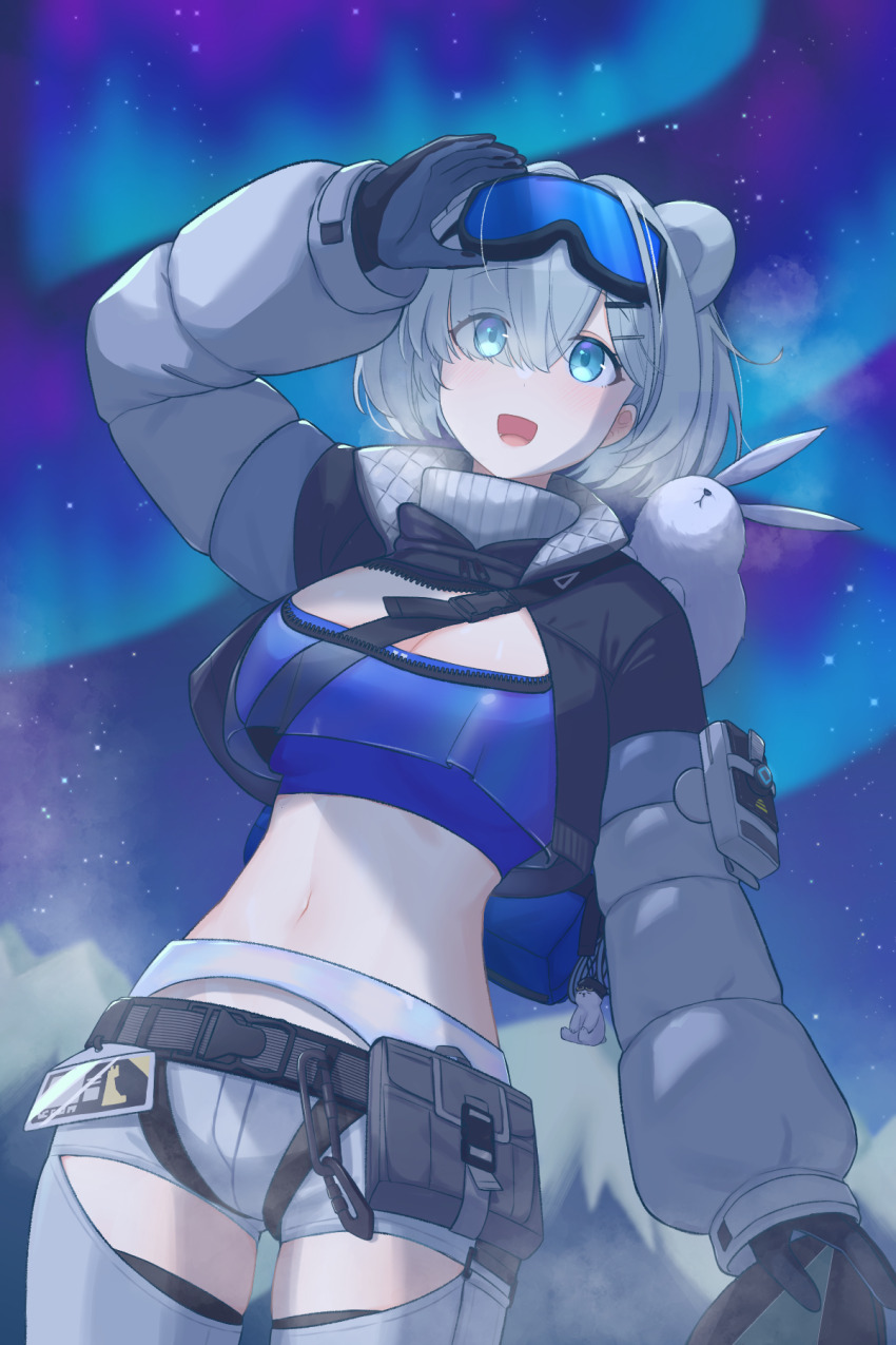10_(xknn5488) 1girl :d animal animal_ears animal_on_shoulder arknights arknights:_endfield aurora aurora_(arknights) belt black_belt black_gloves blue_eyes breasts breath cleavage clothing_cutout commentary_request cowboy_shot crop_top eyes_visible_through_hair gloves goggles grey_gloves grey_hair grey_pants hair_ornament hair_over_one_eye hairclip highres korean_commentary large_breasts long_sleeves looking_up midriff navel night open_mouth outdoors pants pouch puffy_long_sleeves puffy_sleeves rabbit short_hair ski_goggles sky smile snowshine_(arknights) solo standing star_(sky) starry_sky thigh_cutout turtleneck