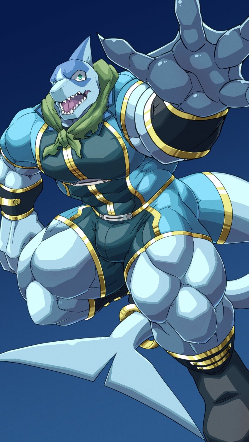 1boy abs araba_(shangri-la_frontier) bara biceps blue_background blue_shirt blue_shorts bulge calves capelet commentary covered_pectorals fangs furry furry_male green_capelet highres looking_at_viewer male_focus muscular muscular_male open_mouth outstretched_hand pectorals shangri-la_frontier shark_boy shark_fin sharkinn shirt shorts webbed_hands wide-eyed